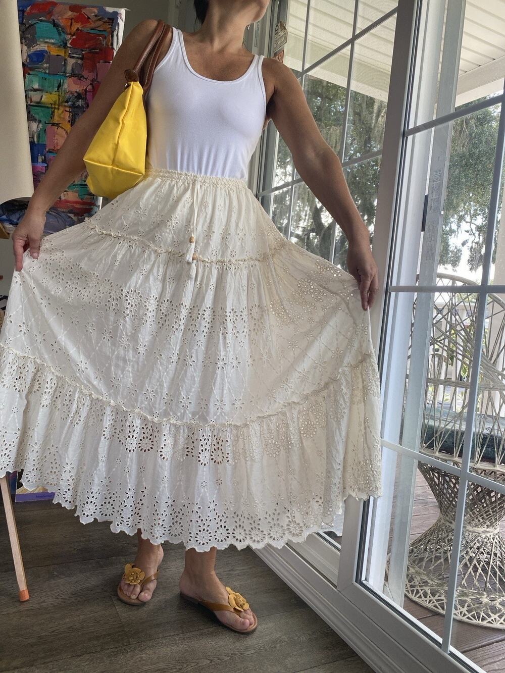 Sukiso White Eyelet Tiered Maxi Skirt – Bohemian Romantic Style S/M